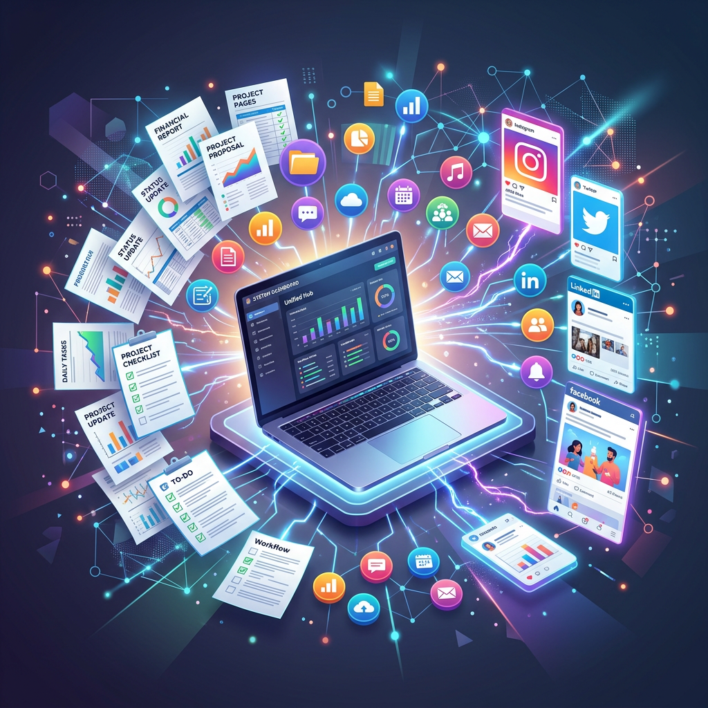 A unified digital workspace with dashboards, documents, social feeds and creative tools flowing from a single laptop