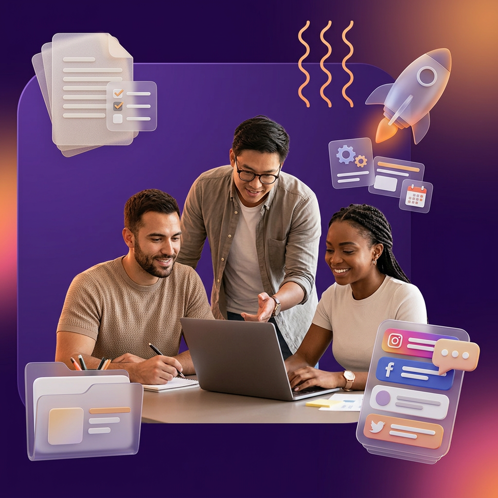 Creators collaborating around a laptop with digital asset icons and launch graphics
